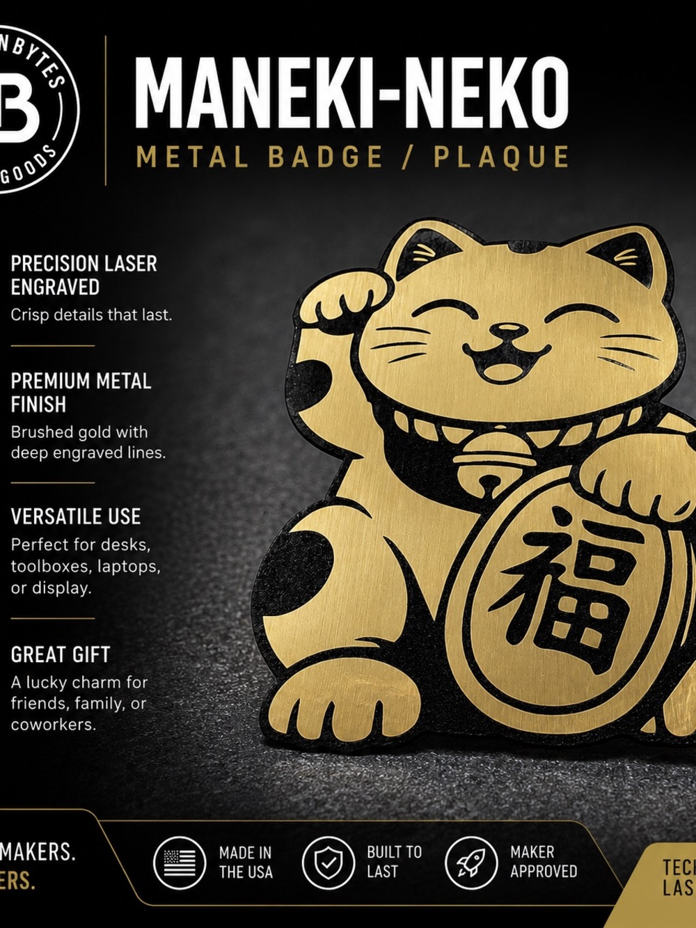 Maneki-Neko Metal Badge Plaque — Gold Lucky Cat by BNBYTES